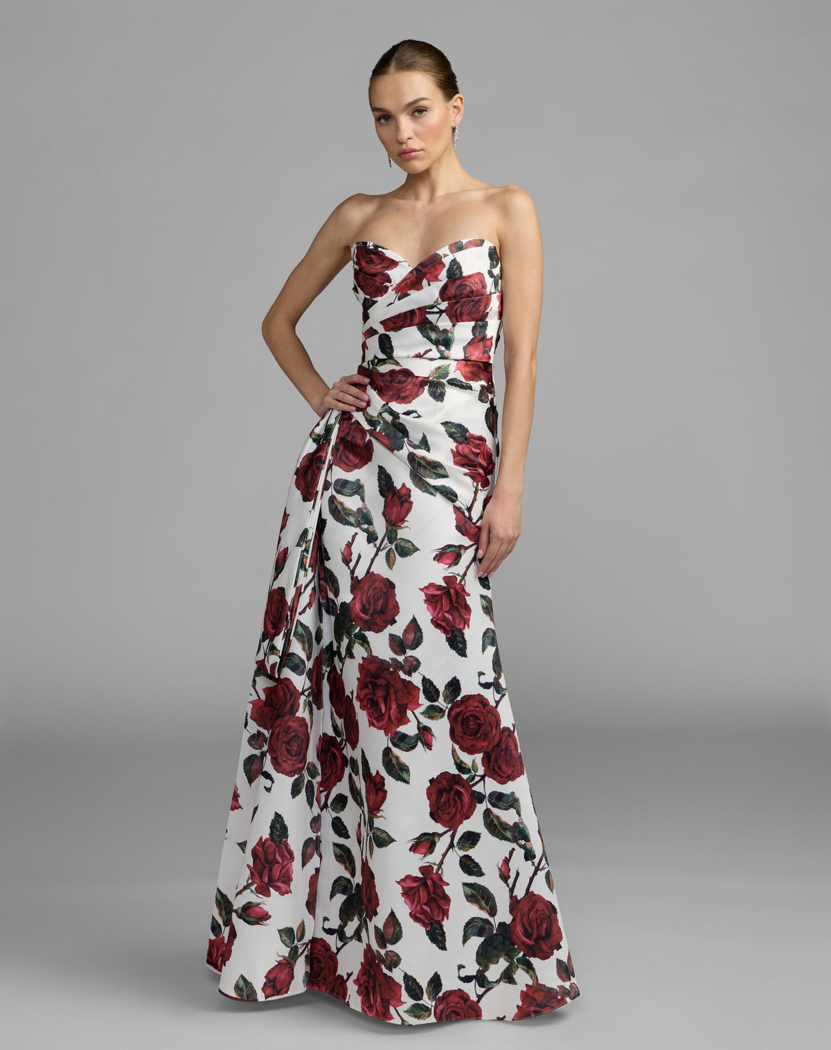 Mac Duggal #27775 rose multi floral strapless satin gown with bow