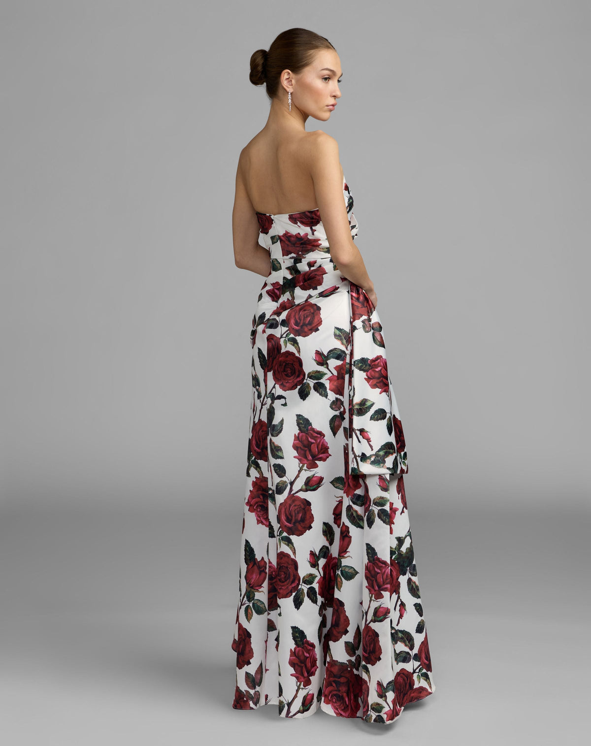 Mac Duggal #27775 rose multi floral strapless satin gown with bow back view