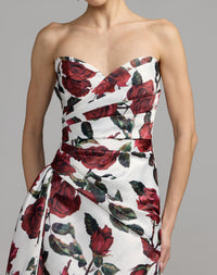 Mac Duggal #27775 rose multi floral strapless satin gown with bow close-up