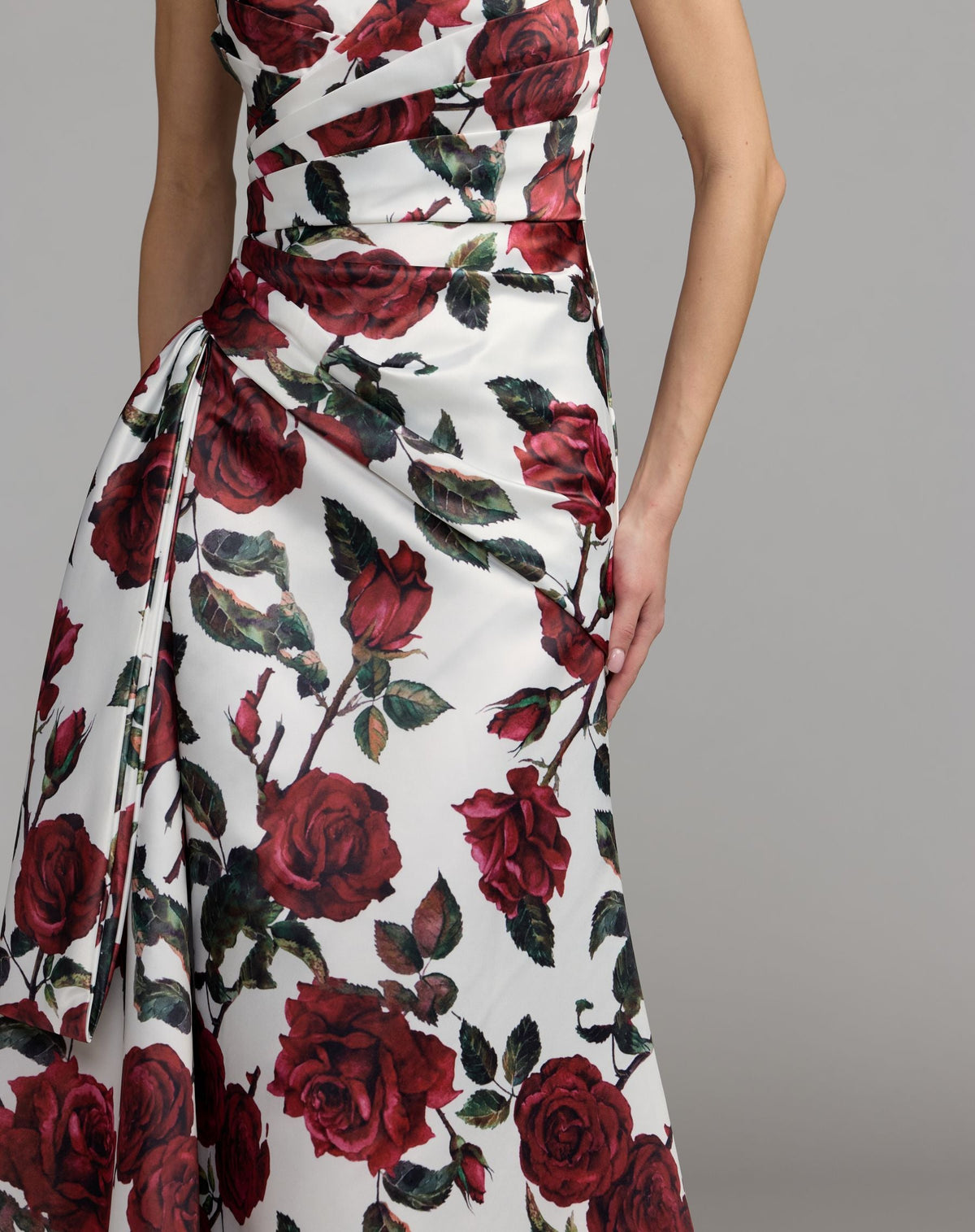 Mac Duggal #27775 rose multi floral strapless satin gown with bow close-up