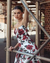 Mac Duggal #27775 rose multi floral strapless satin gown with bow lifestyle