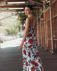 Mac Duggal #27775 rose multi floral strapless satin gown with bow back view