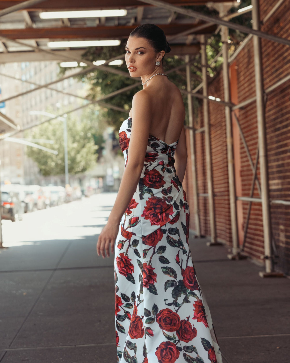 Mac Duggal #27775 rose multi floral strapless satin gown with bow back view
