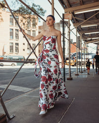 Mac Duggal #27775 rose multi floral strapless satin gown with bow lifestyle