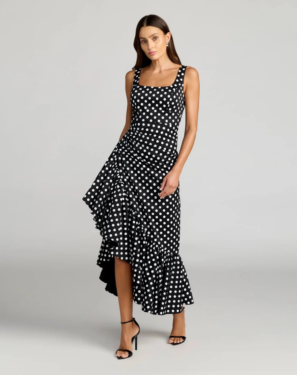 Black Ivory Sleeveless Polka Dot Twill Ankle Dress With Ruffle