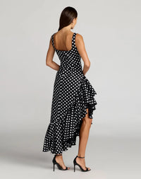 Black Ivory Sleeveless Polka Dot Twill Ankle Dress With Ruffle