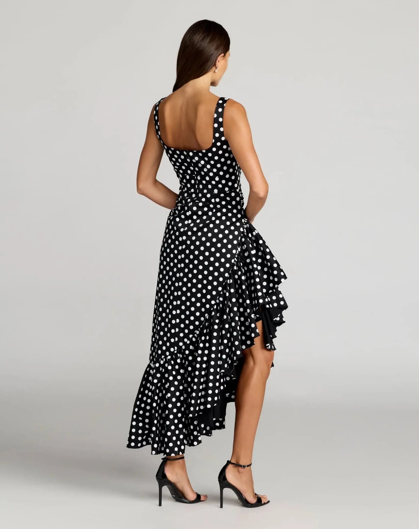 Black Ivory Sleeveless Polka Dot Twill Ankle Dress With Ruffle