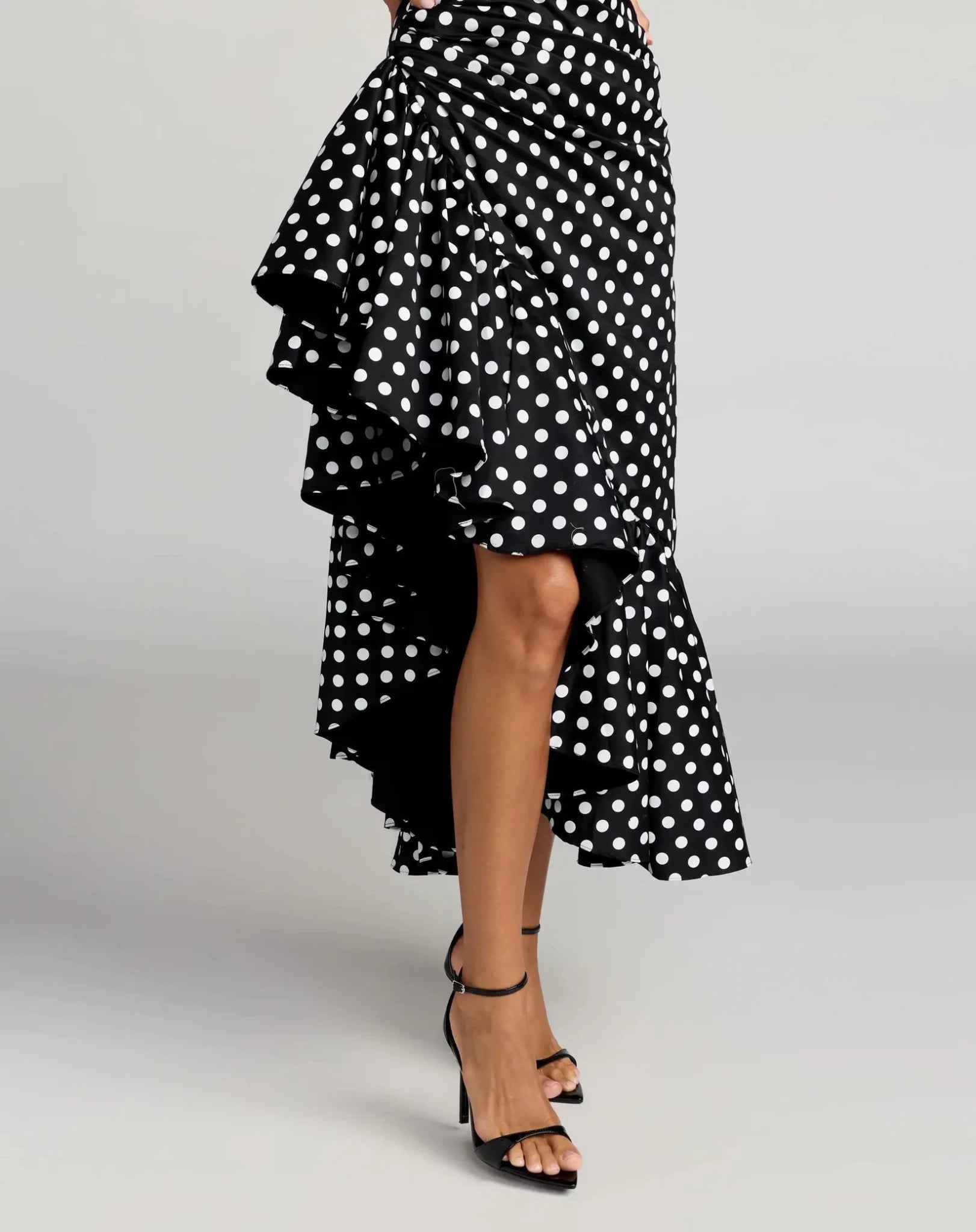 Black Ivory Sleeveless Polka Dot Twill Ankle Dress With Ruffle