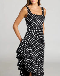 Black Ivory Sleeveless Polka Dot Twill Ankle Dress With Ruffle