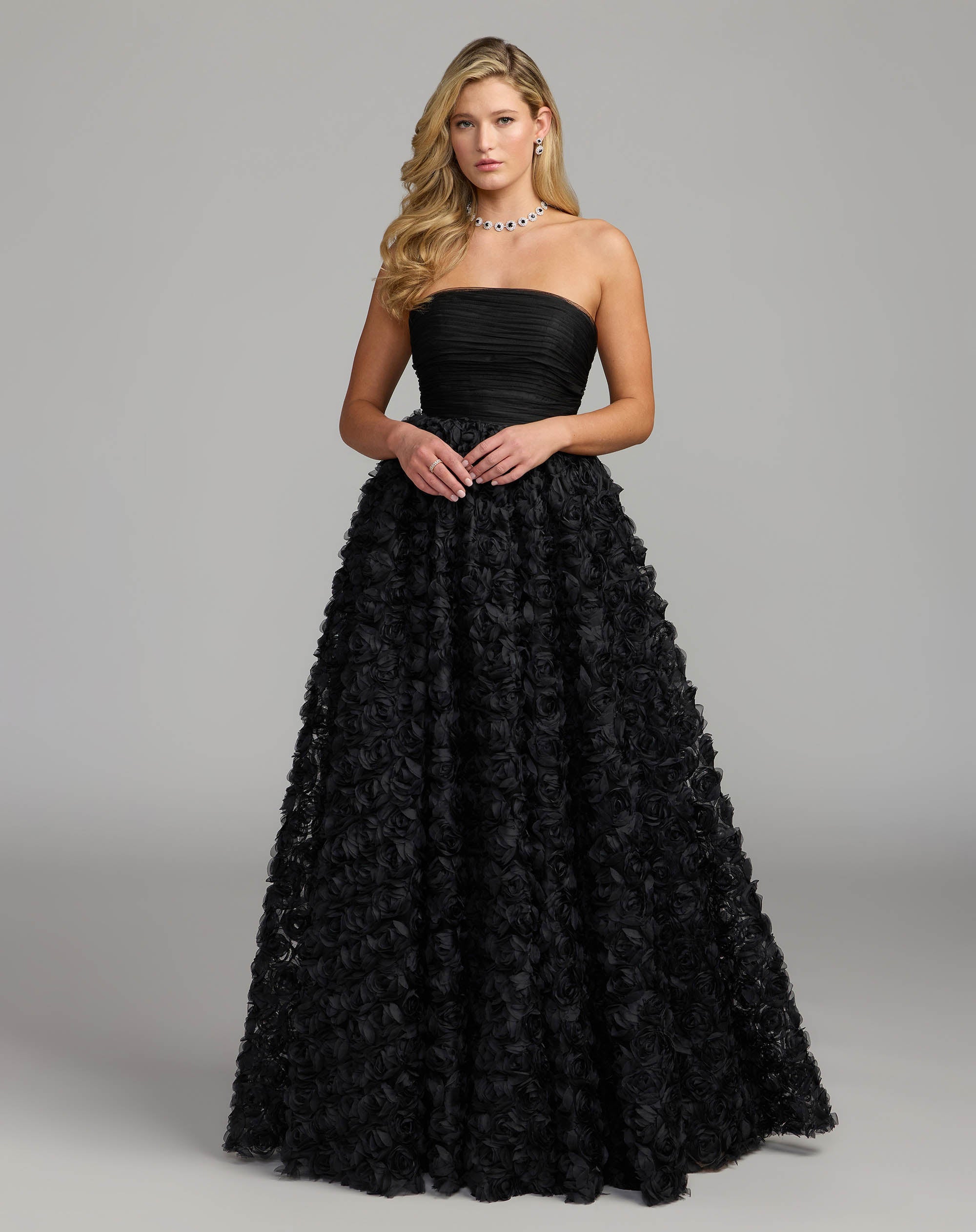 Mac Duggal 27783 Black strapless 3D rosette ball gown - front
