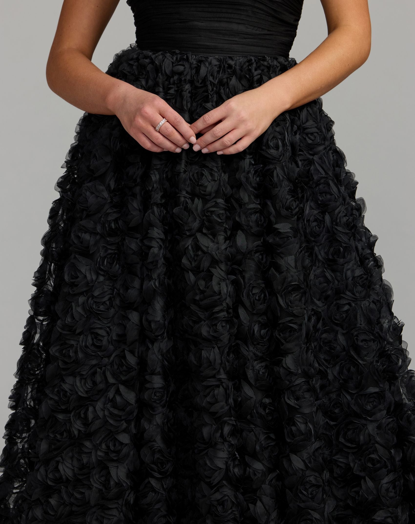 Mac Duggal 27783 Black strapless 3D rosette ball gown - close-up