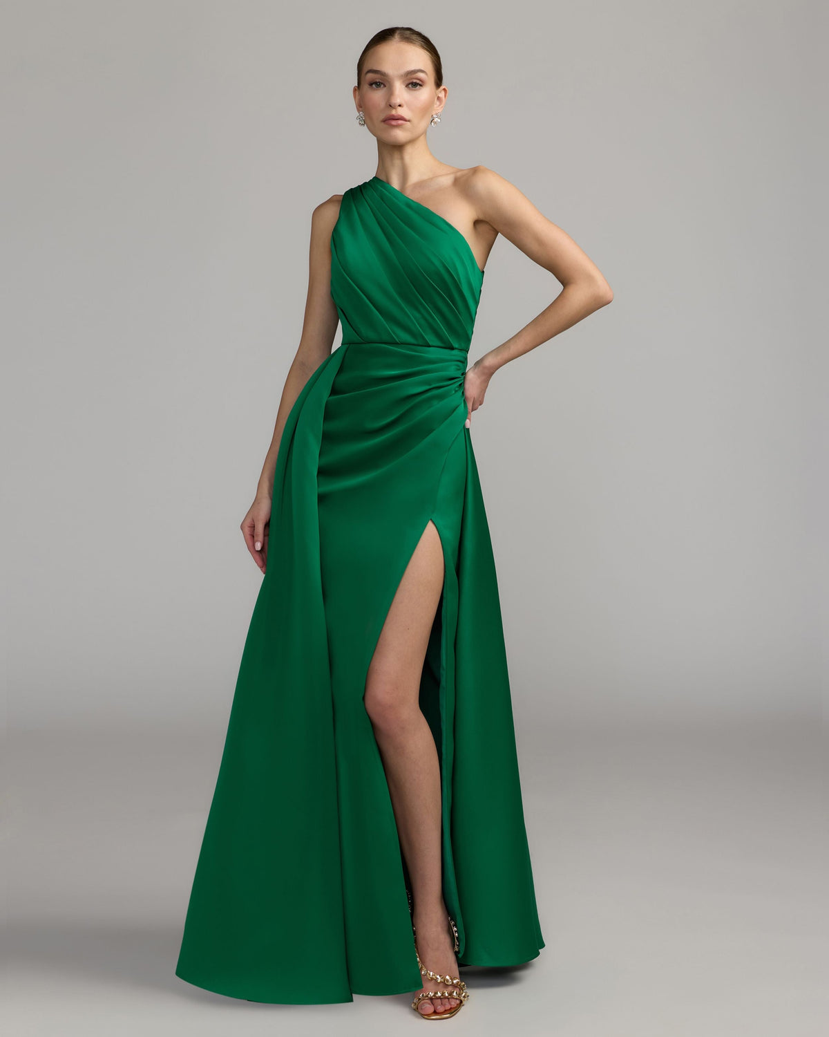 Mac Duggal 27784 emerald one shoulder satin gown with overskirt — front