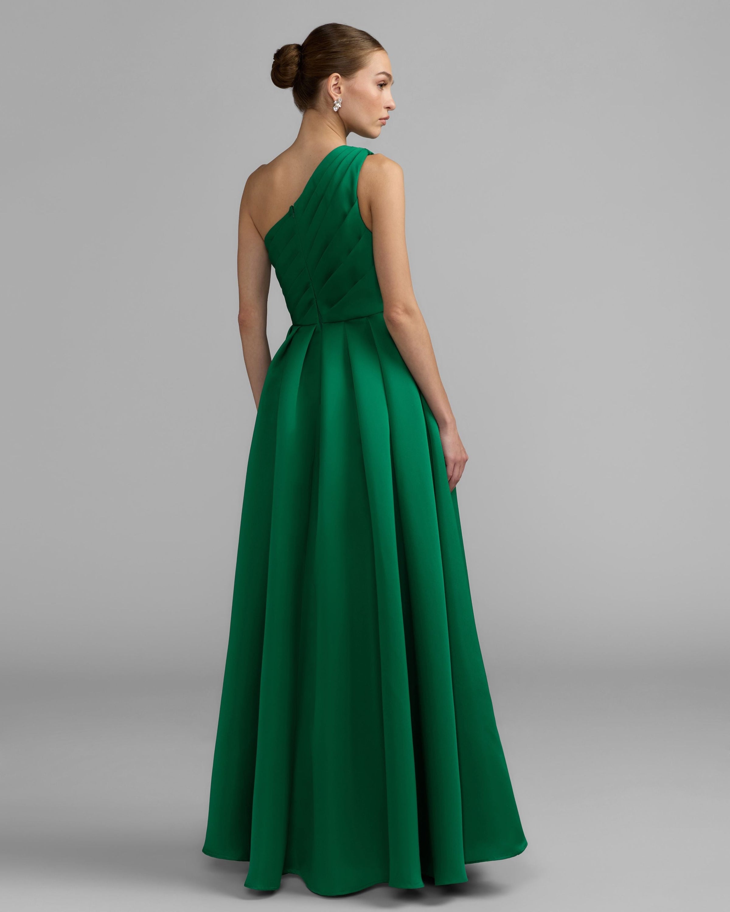 Green One Shoulder Satin Gown With Overskirt