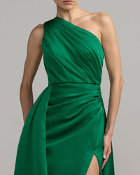 Green One Shoulder Satin Gown With Overskirt