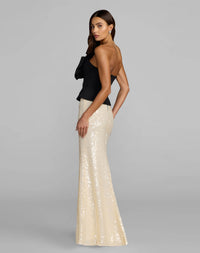 Side view of model wearing the Mac Duggal Black and Ivory Strapless Peplum Sequin Evening Gown #27793