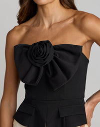 Close up of the Mac Duggal Black and Ivory Strapless Peplum Sequin Evening Gown #27793