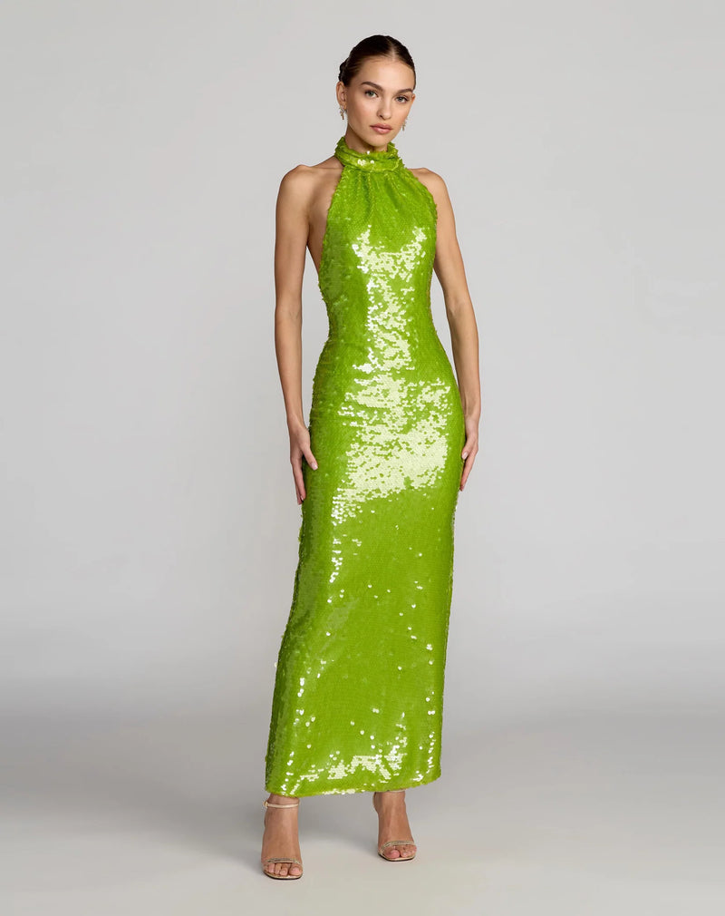 Mac Duggal Apple Green Sequin Halter Open Back Gown #27794  Shaide Boutique