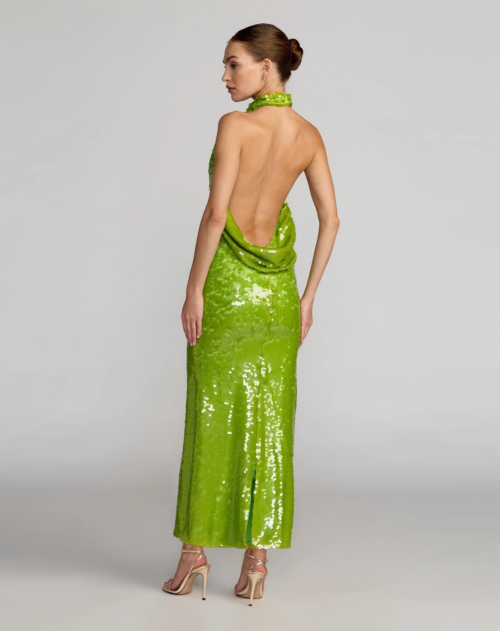 Mac Duggal Apple Green Sequin Halter Open Back Gown #27794 