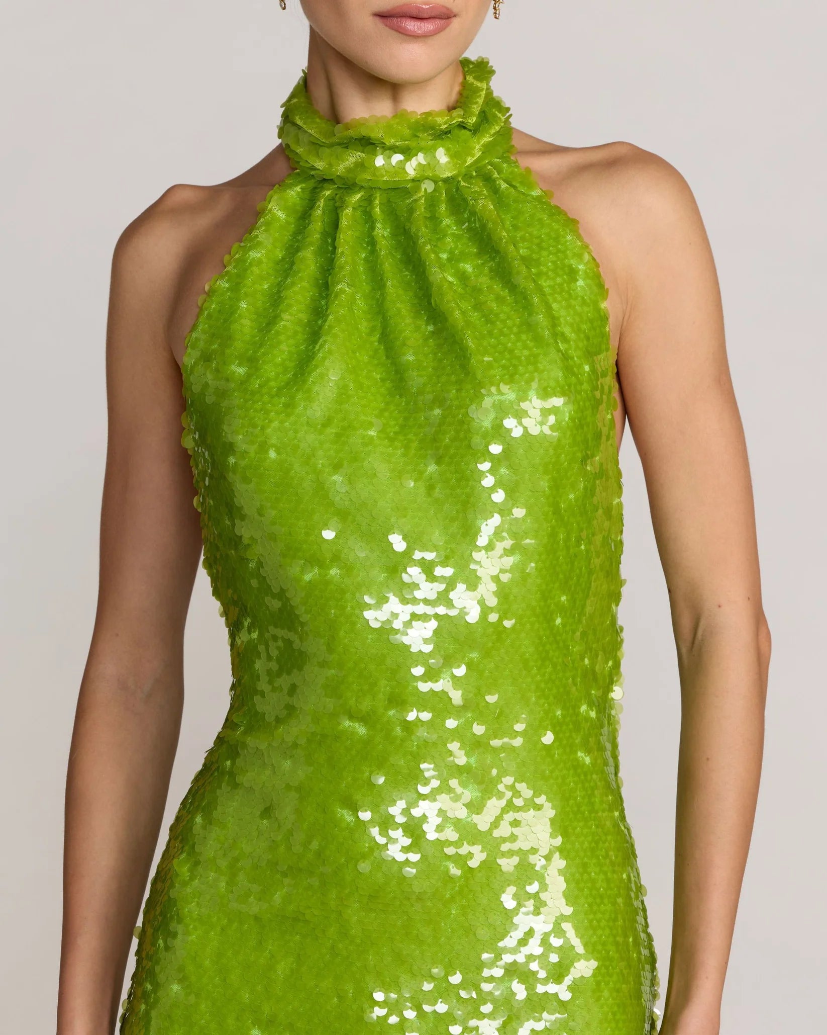 Mac Duggal Apple Green Sequin Halter Open Back Gown #27794 