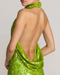Mac Duggal Apple Green Sequin Halter Open Back Gown #27794 