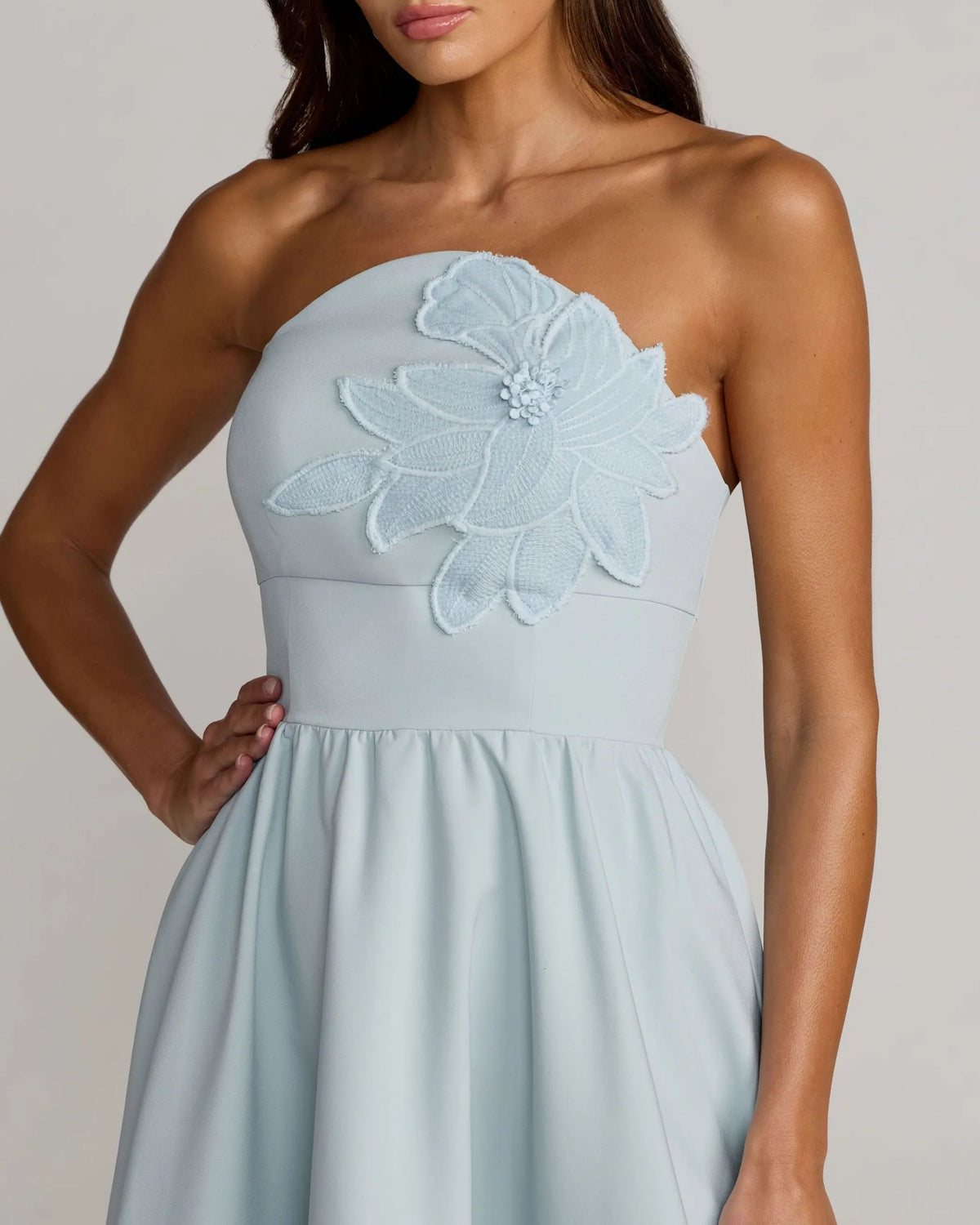 Mac Duggal Blue Strapless Floral Appliqué Midi Dress Style 27806 Powder Blue