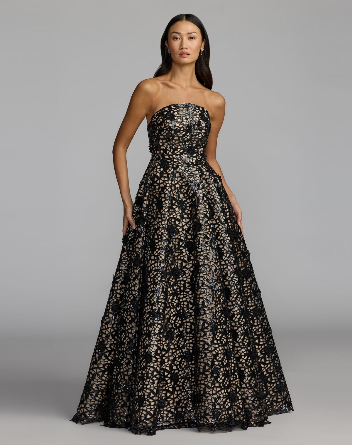 Mac Duggal #27809 black nude sequin floral lace strapless ball gown