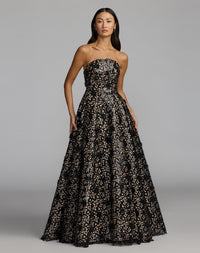 Mac Duggal #27809 black nude sequin floral lace strapless ball gown