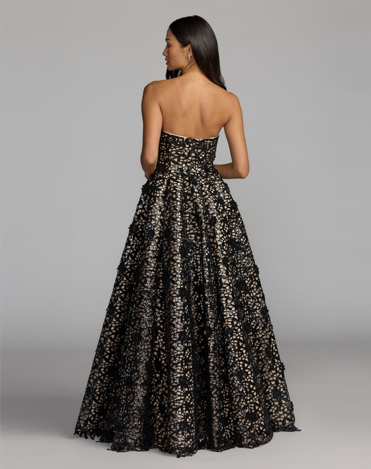 Mac Duggal #27809 black nude sequin floral lace strapless ball gown back view