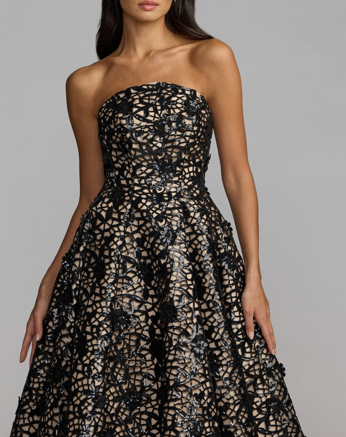 Mac Duggal #27809 black nude sequin floral lace strapless ball gown close-up