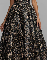 Mac Duggal #27809 black nude sequin floral lace strapless ball gown close-up