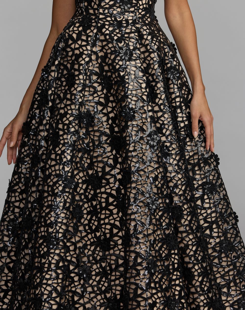 Mac Duggal #27809 black nude sequin floral lace strapless ball gown close-up
