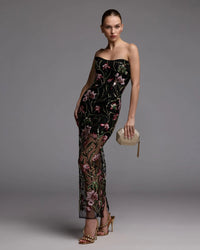 Black Strapless Floral Embroidered Column Dress