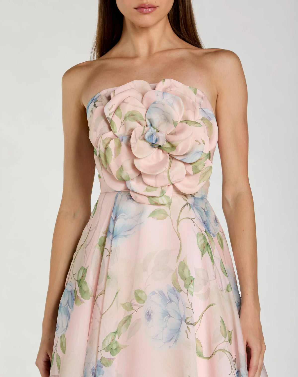 Mac Duggal Pink Strapless Floral Organza Midi Dress With Flower #27822 Powder Blue Multi