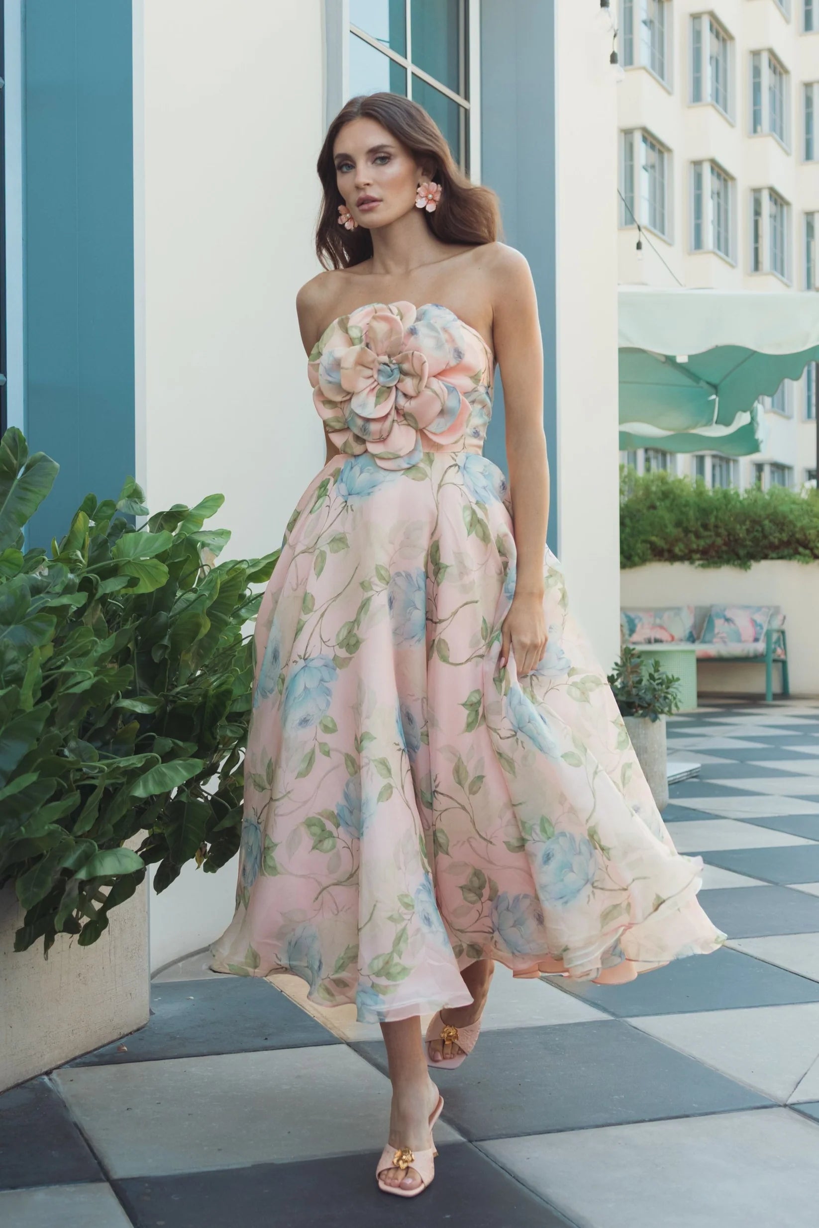 Mac Duggal Pink Strapless Floral Organza Midi Dress With Flower #27822 Powder Blue Multi