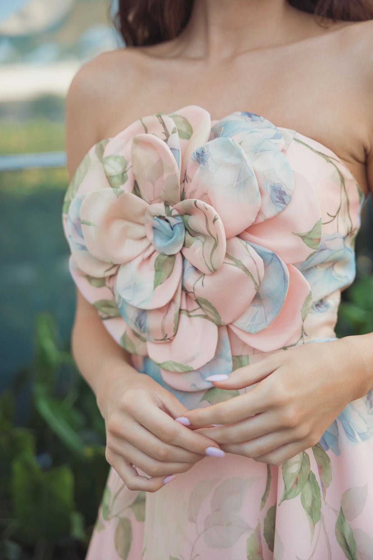 Mac Duggal Pink Strapless Floral Organza Midi Dress With Flower #27822 Powder Blue Multi