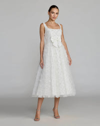 White Embellished Tulle Midi Dress with Satin Bow