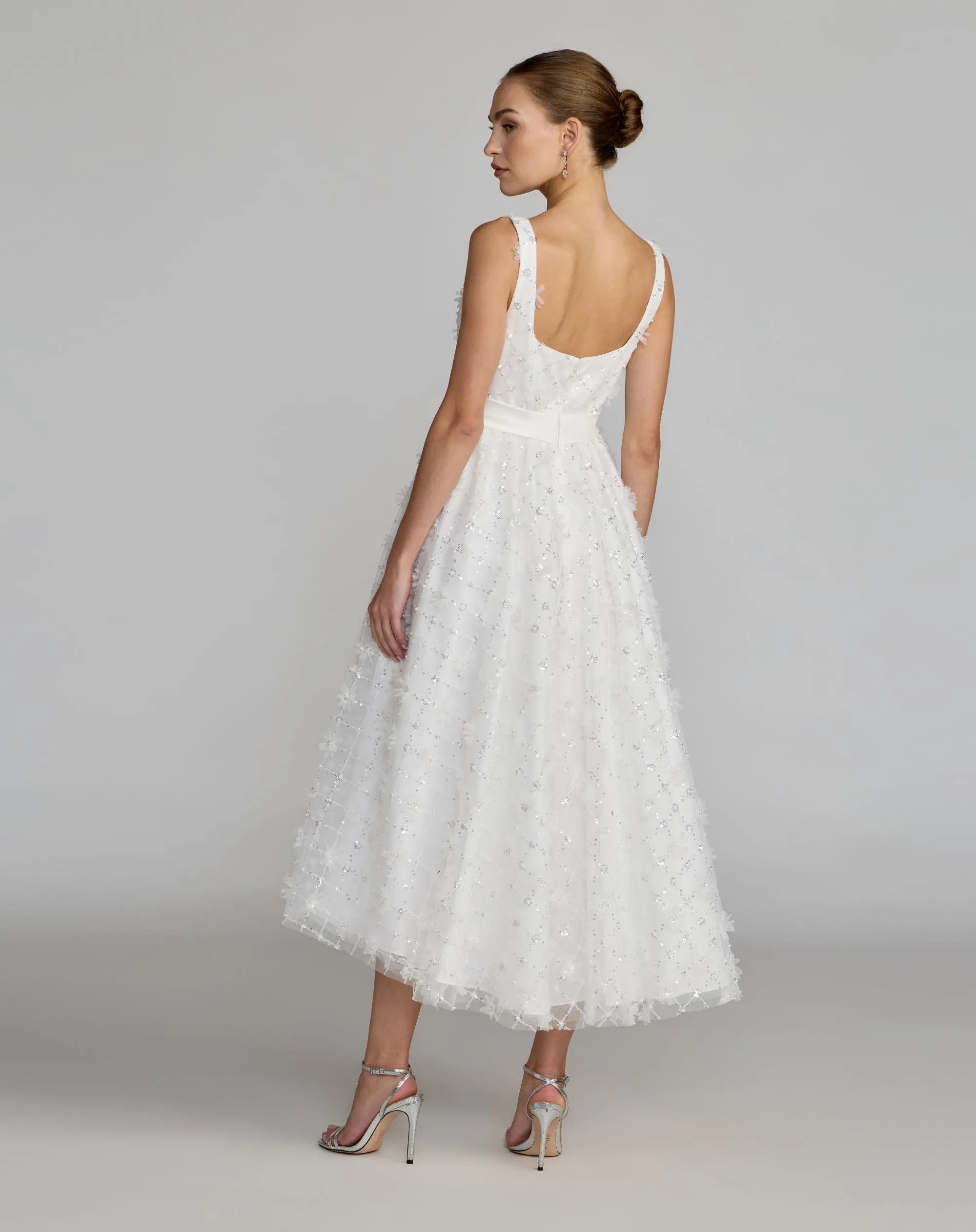 White Embellished Tulle Midi Dress with Satin Bow - Back