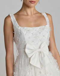 White Embellished Tulle Midi Dress with Satin Bow - Close Up