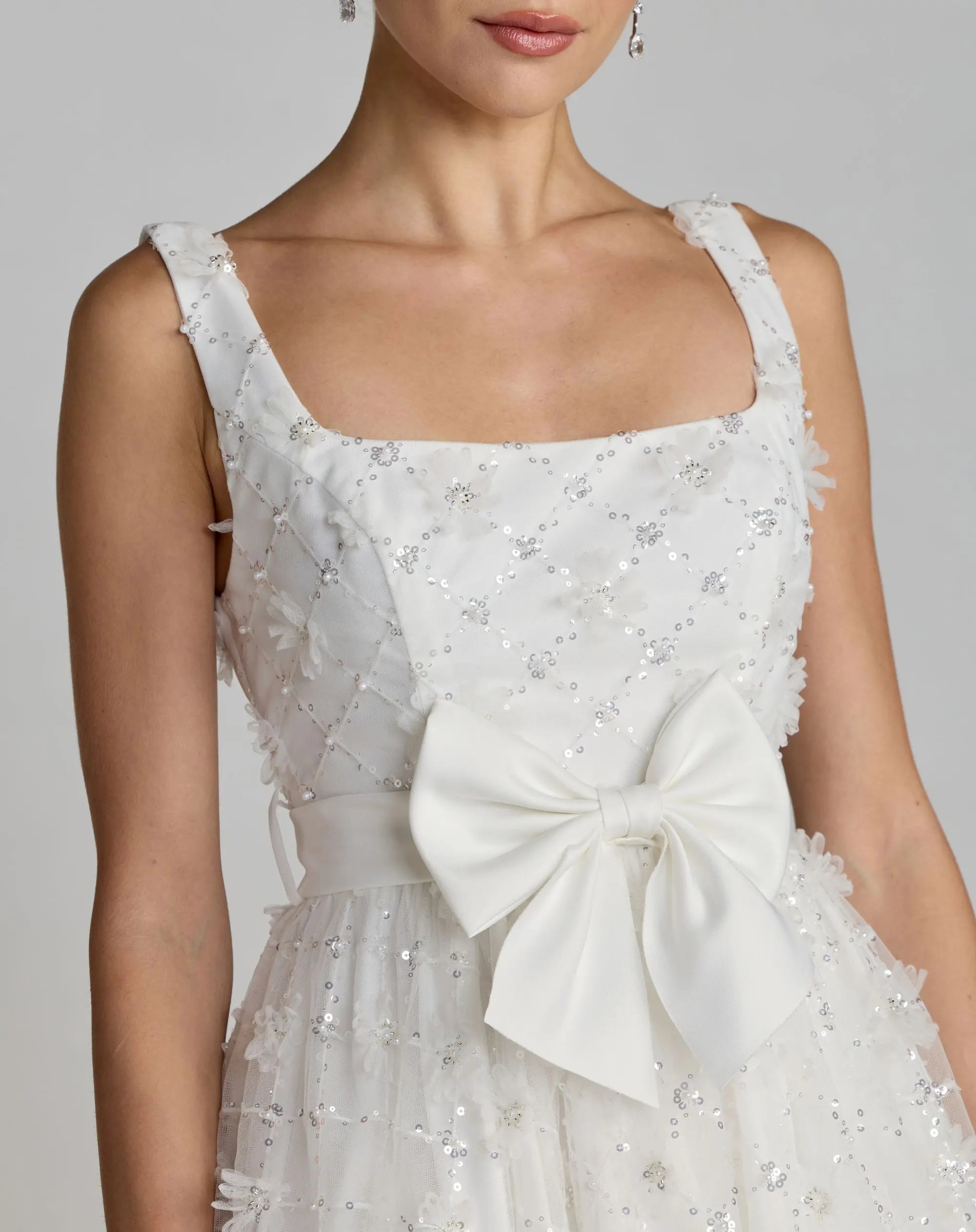 White Embellished Tulle Midi Dress with Satin Bow - Close Up