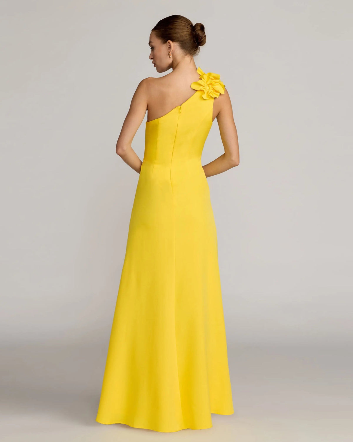 Yellow One Shoulder Crepe Gown with 3D Flower