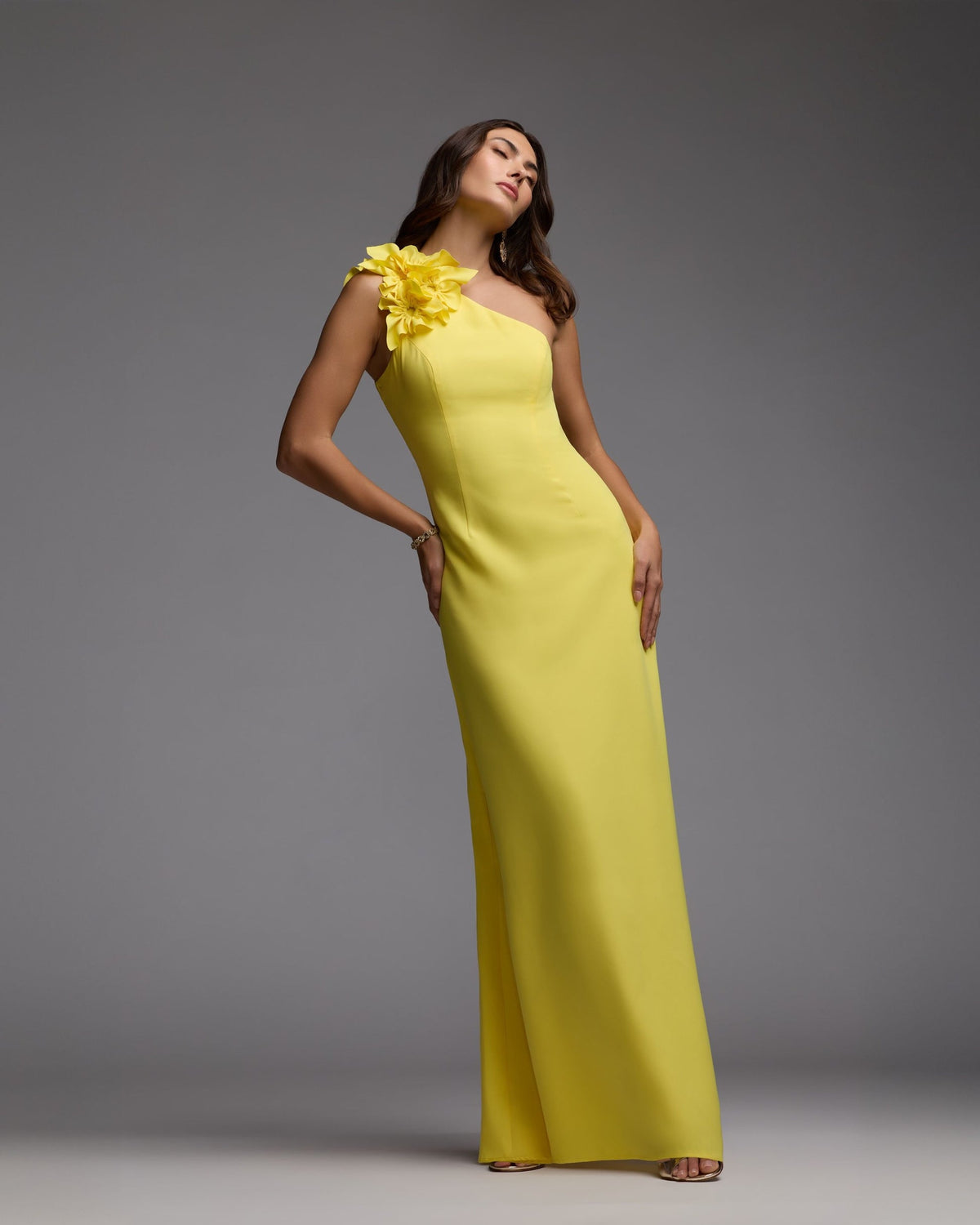 Yellow One Shoulder Crepe Gown with 3D Flower