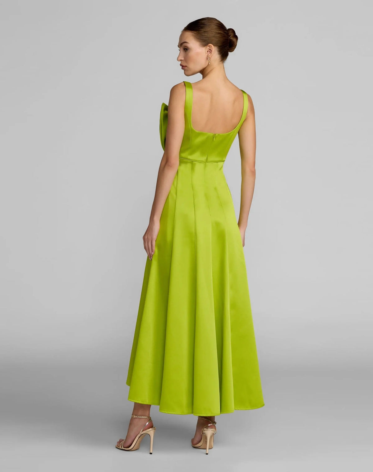 Mac Duggal Green Sleeveless Satin Midi Dress With Bow Detail #27826 Apple Green