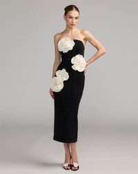 Mac Duggal #27831 black multi boucle strapless 3D floral midi dress