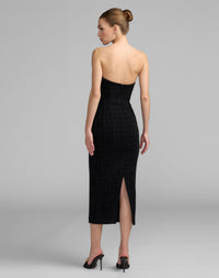 Mac Duggal #27831 black multi boucle midi dress back view with slit
