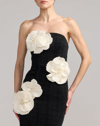 Mac Duggal #27831 black multi boucle dress 3D flower and pearl detail