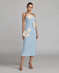 Mac Duggal Powder Blue Boucle Strapless 3D Floral Midi Dress #27831