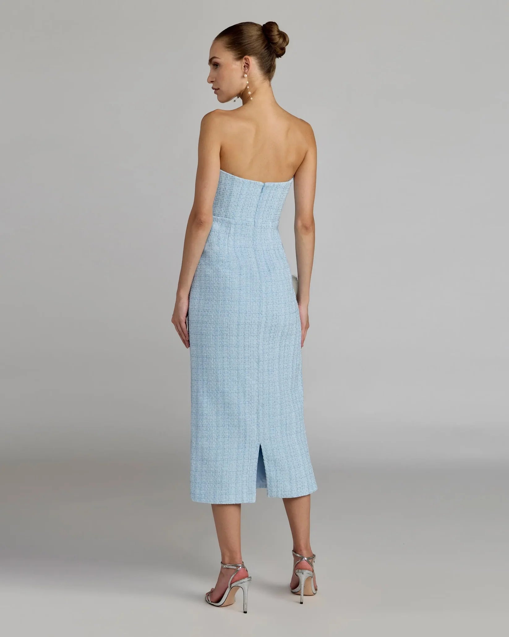 Mac Duggal Powder Blue Boucle Strapless 3D Floral Midi Dress #27831