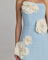 Mac Duggal Powder Blue Boucle Strapless 3D Floral Midi Dress #27831