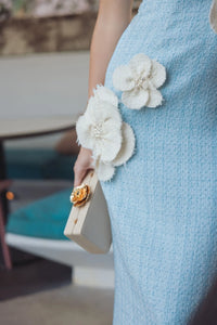 Mac Duggal Powder Blue Boucle Strapless 3D Floral Midi Dress #27831