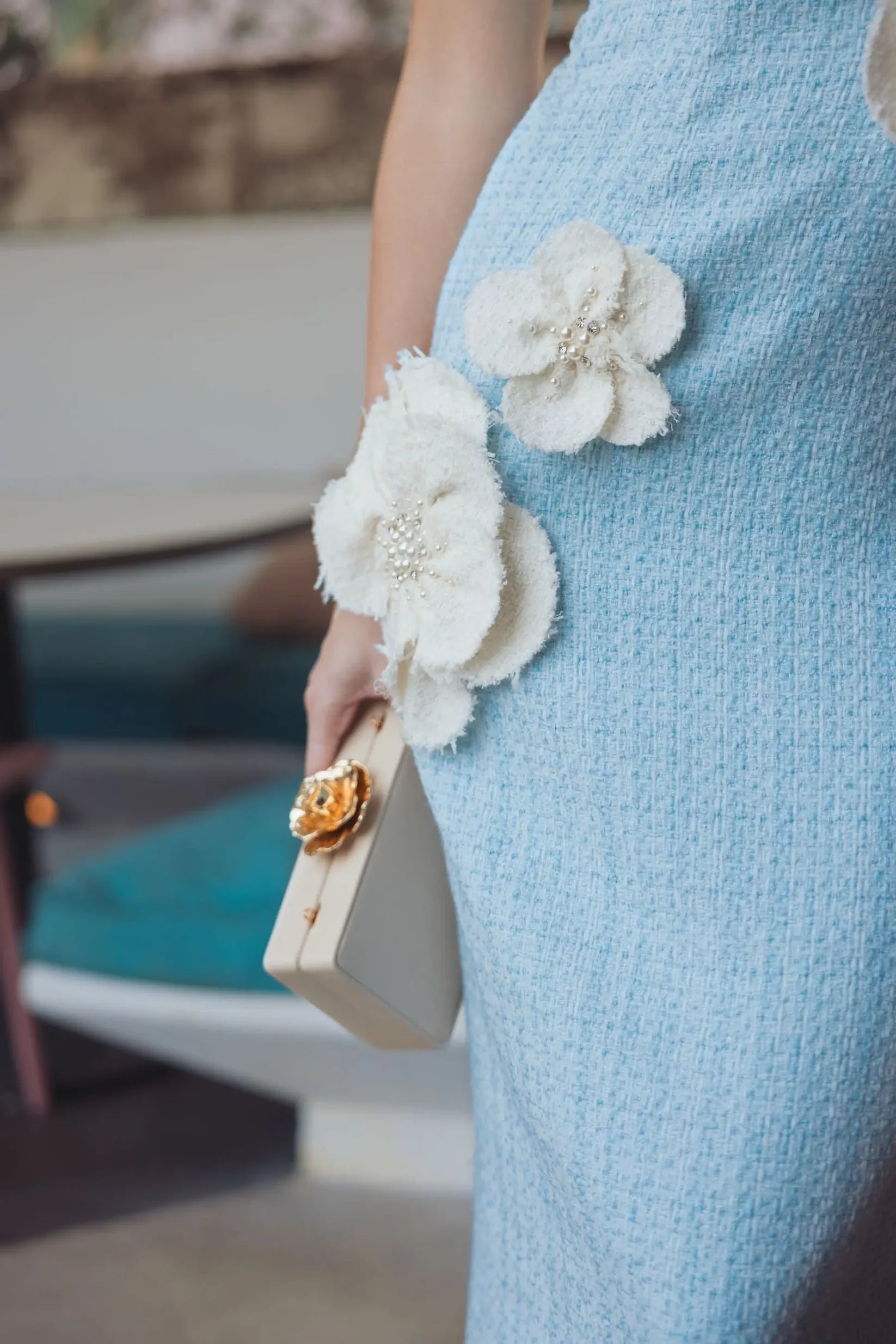 Mac Duggal Powder Blue Boucle Strapless 3D Floral Midi Dress #27831